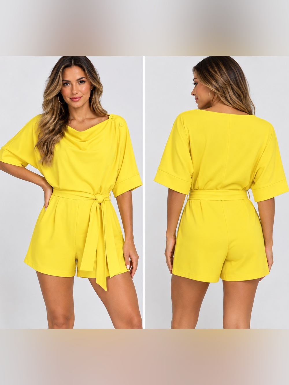 Women’s XL Yellow Belted Romper Cowl Neck Short Sleeve Button Shoulder Stretch